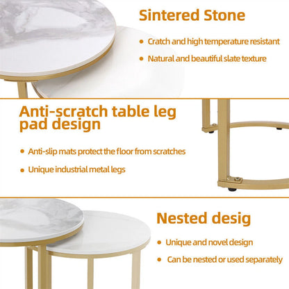 White Set of 2 Sintered Stone Nesting Side Tables With Gold Metal Legs