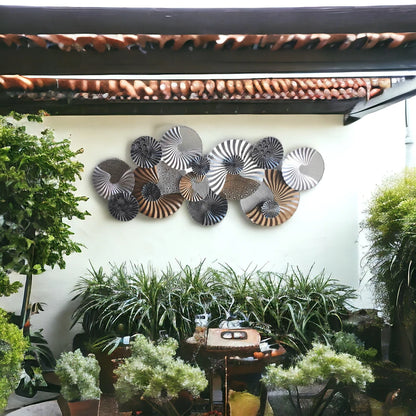 Black, White and Gold Spiral Textured Circular Metal Wall Art Sculpture