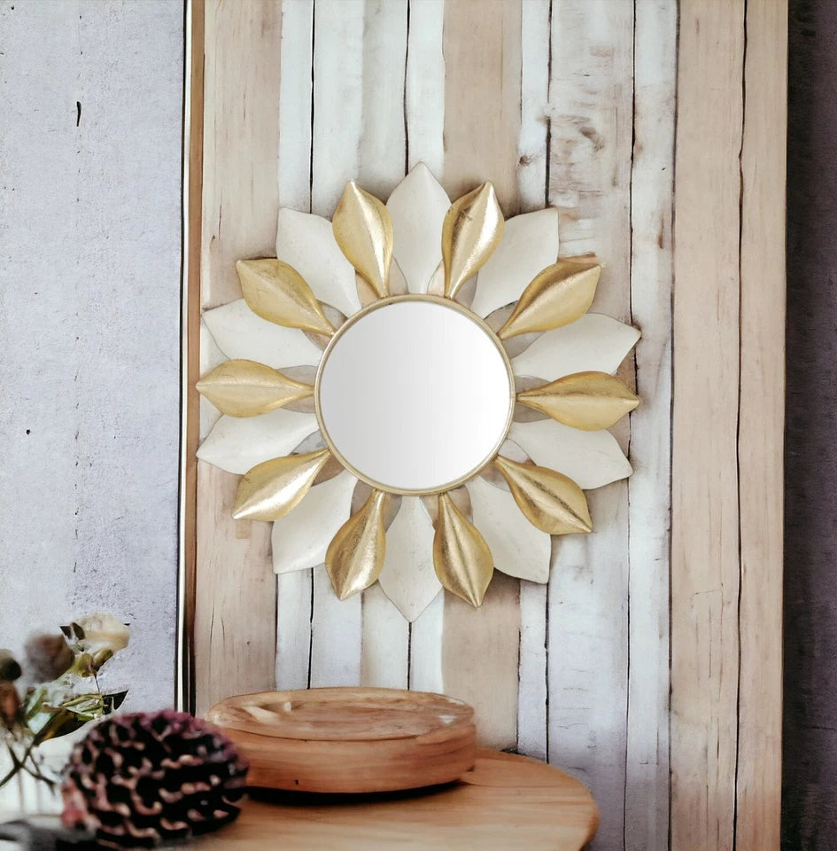 Gold Round Metal and Glass Wall Mirror with Elegant Pattern for Home Decor