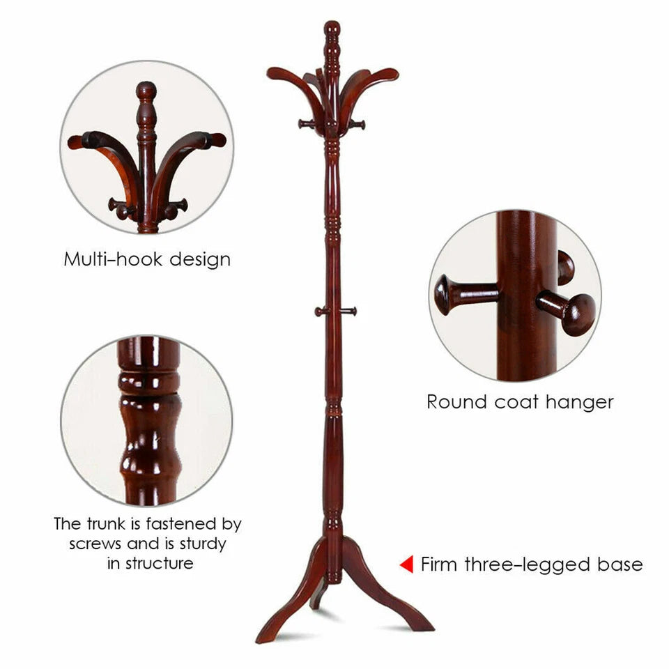 6ft Redwood Wooden Coat Rack Stand with 13 Hooks Organizer