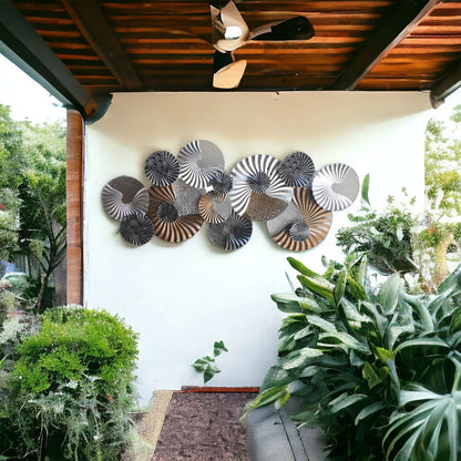 Black, White and Gold Spiral Textured Circular Metal Wall Art Sculpture