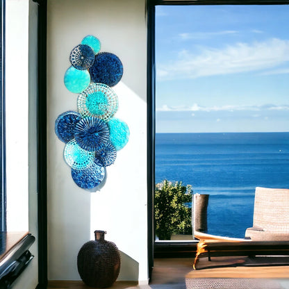 Blue and Aqua Multi-Circle Metal Wall Art - 3D Ocean-Inspired Decor