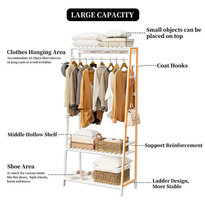 P&P White Bamboo Clothes Rack with 3 Shelves and 10 Hooks