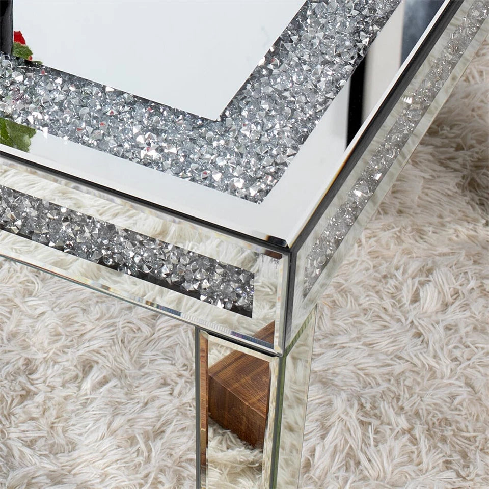 Silver Mirrored Coffee Table with Crushed Diamond Border