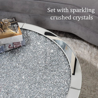 Silver Round Mirrored Coffee Table with Crushed Diamond Inlay Design
