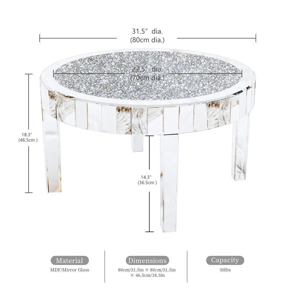 Silver Round Mirrored Coffee Table with Crushed Diamond Inlay Design