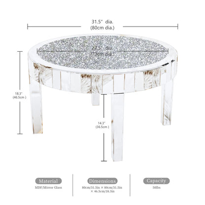 Silver Round Mirrored Coffee Table with Crushed Diamond Inlay Design