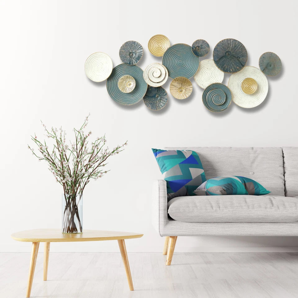 Blue, White and Gold Textured Circular Metal Wall Art for Elegant Home Styling