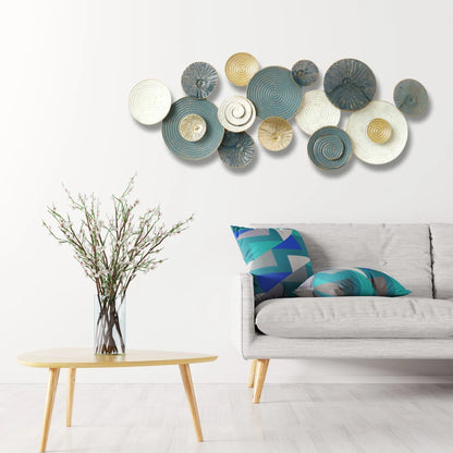 Blue, White and Gold Textured Circular Metal Wall Art for Elegant Home Styling