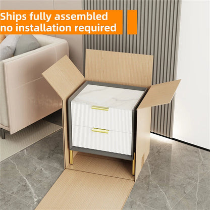 White & Grey Bedside Table With Sintered Stone Top And Storage Drawers