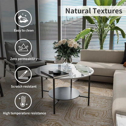 White & Black Round Coffee Table with 2?Tier Sintered Stone & Storage