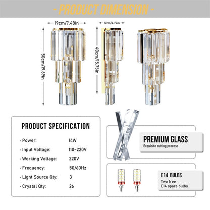 Gold 3 Tier Crystal Wall Sconce with 3 Lights