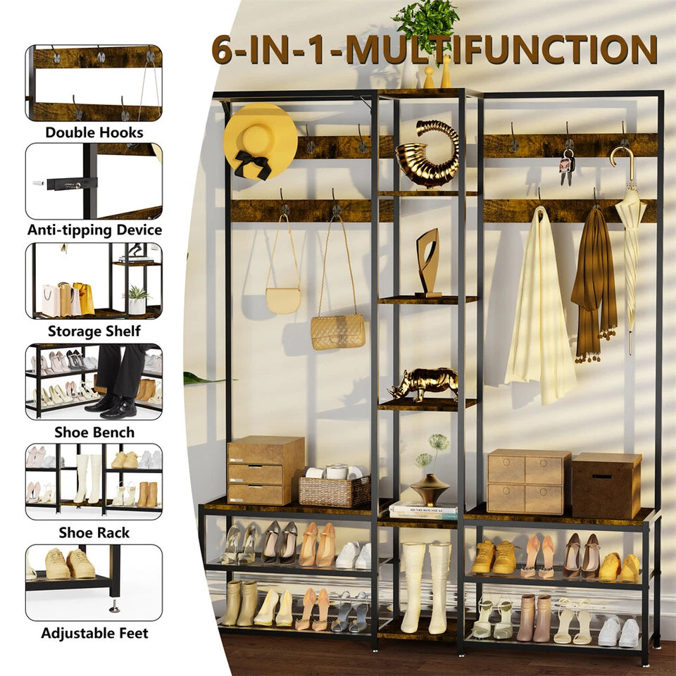 Industrial Entryway Hall Tree with Shoe and Coat Storage Rack