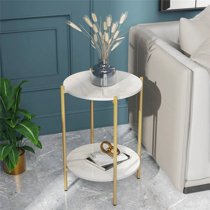 Sleek Marble End Table 2 Tier Coffee Table Nightstand With Thicken Metal Frame