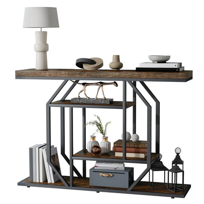 Black And Brown Entry Table With Industrial Design And Rustic Charm