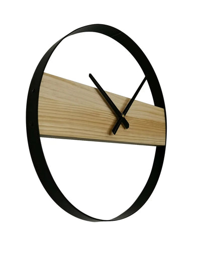 Black and Natural Wood Minimalist Wall Clock with Open Frame Design
