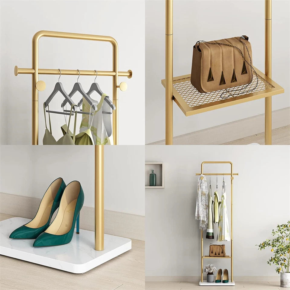 Gold Metal Clothes Rack with Marble Base for Home or Hotel Entryway
