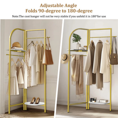 P&P Gold Freestanding Metal Corner Clothing Rack with Adjustable Folding Design