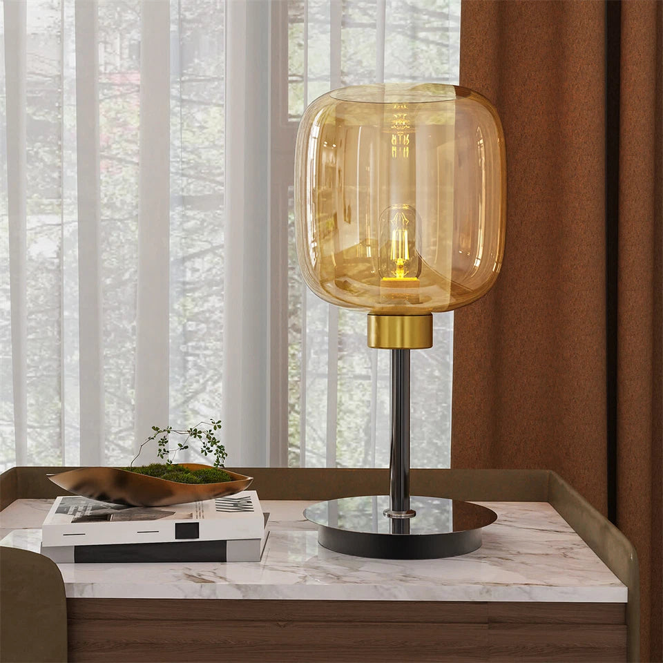 Industrial Bedside Table Lamp with Amber Glass