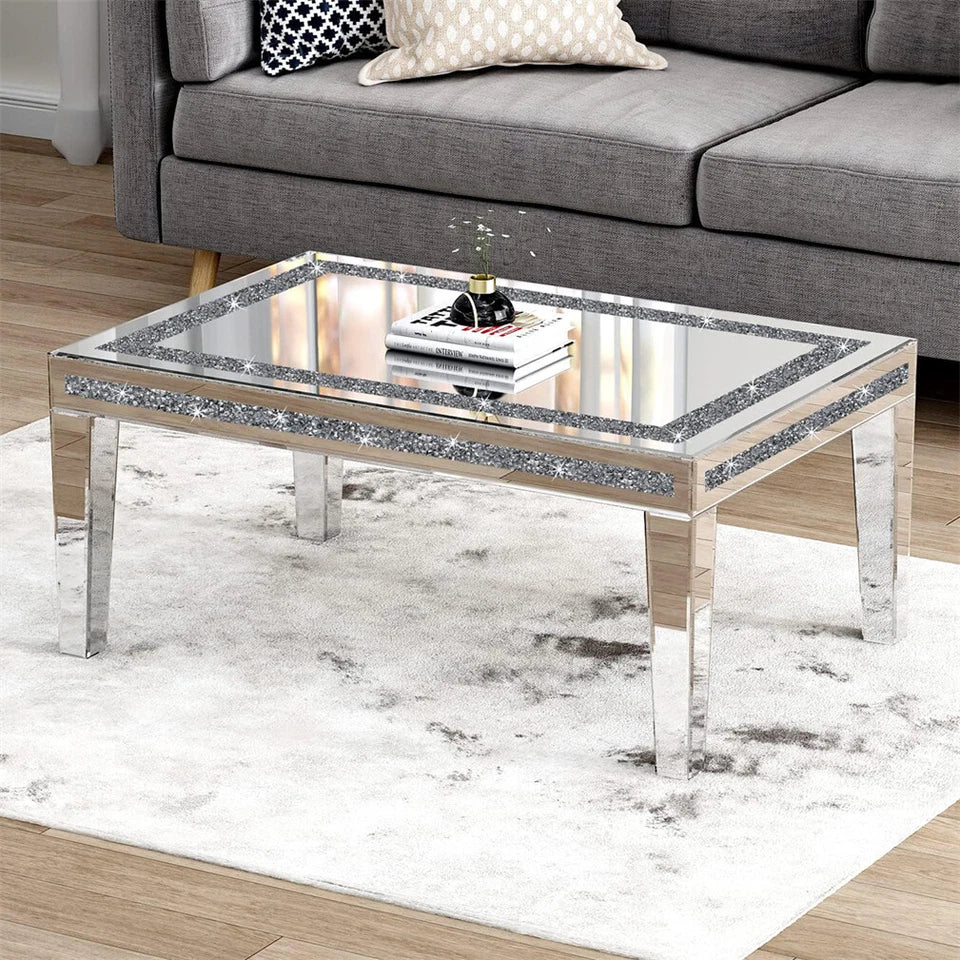 Silver Mirrored Coffee Table with Crushed Diamond Border