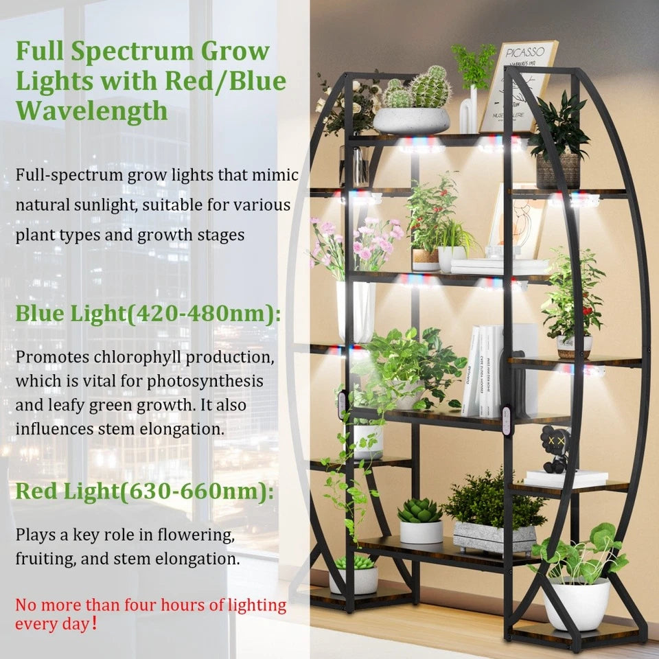 Tall Half Moon Plant Shelf with Grow Lights for Indoor Use