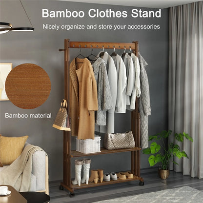 Heavy Duty Bamboo Garment Rack Retail Display Clothing Rack with Wheels and Side Hooks