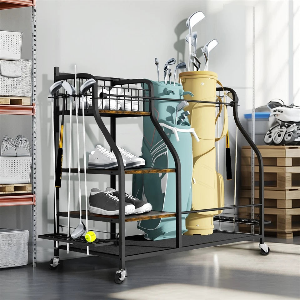 Spacious Mobile Golf Bag Rack For Easy Storage Use