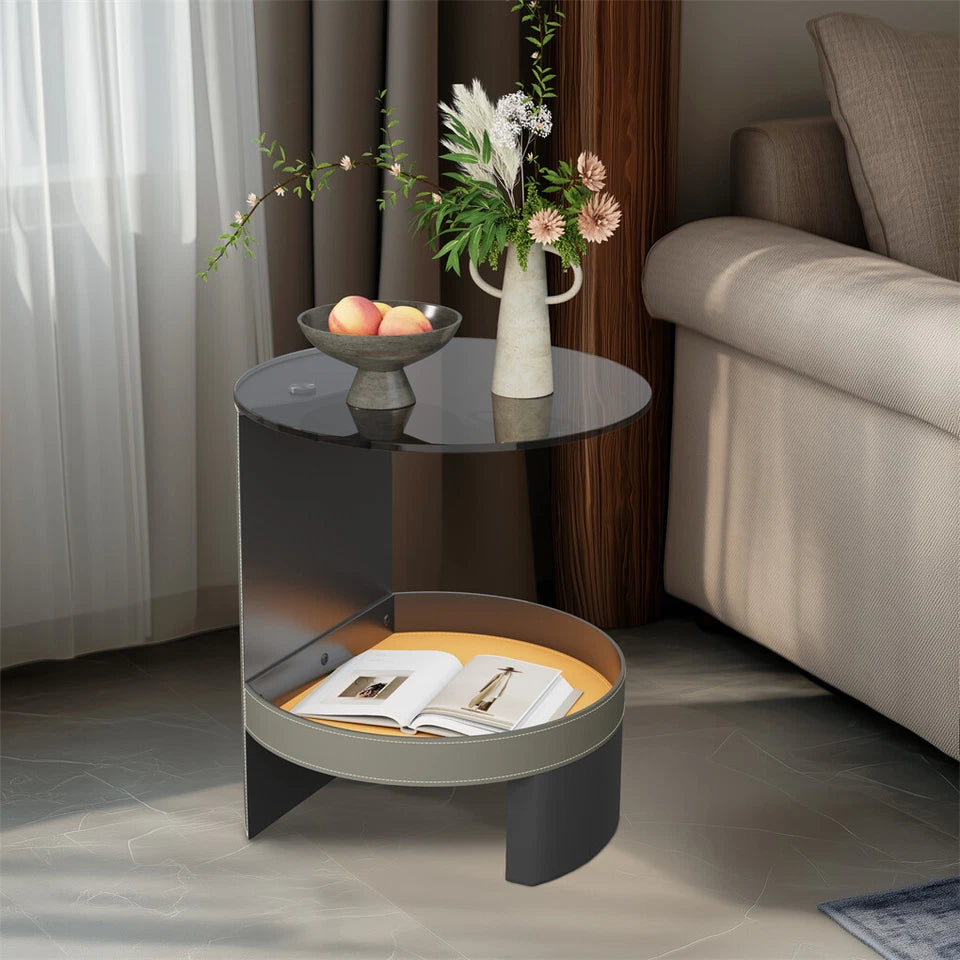 2-Tier Leather Side Table with Glass Top
