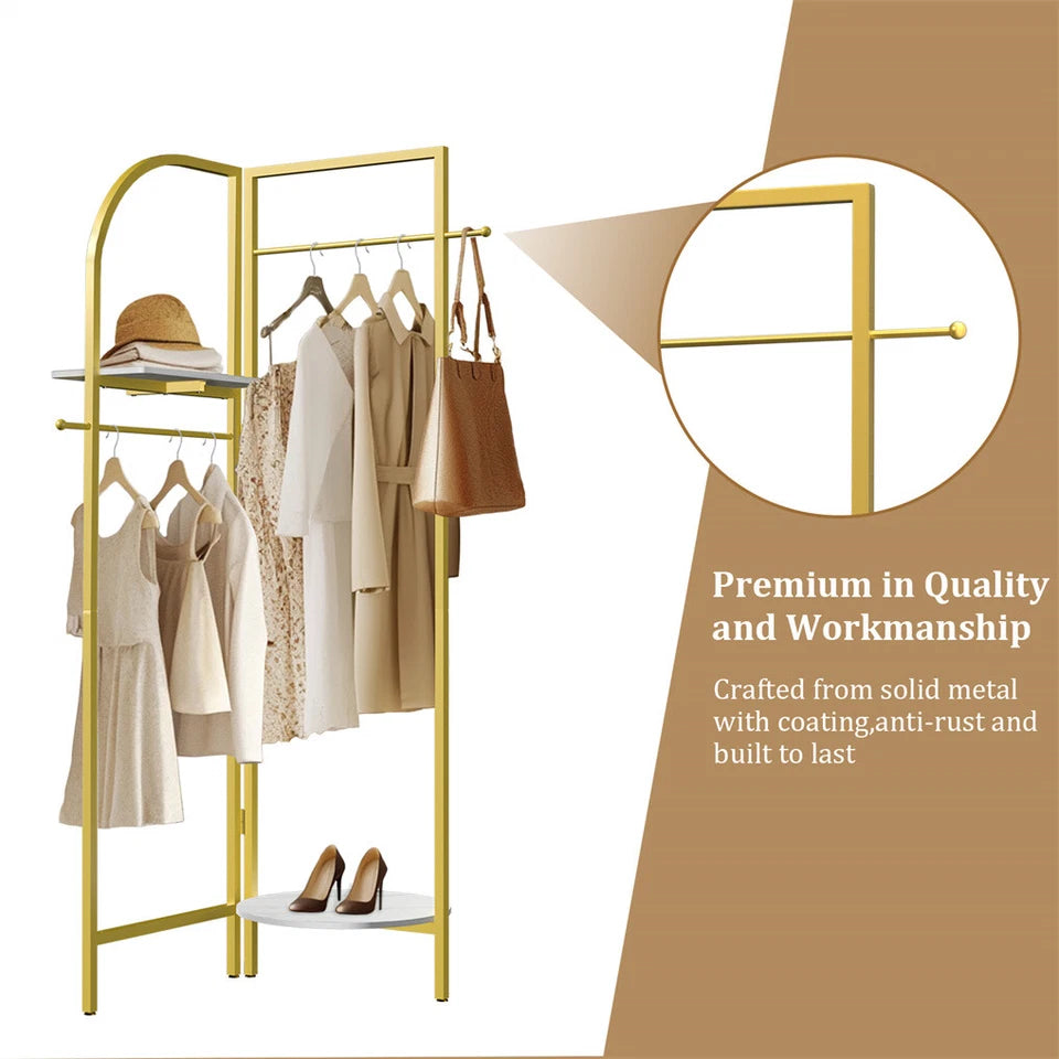 P&P Gold Freestanding Metal Corner Clothing Rack with Adjustable Folding Design