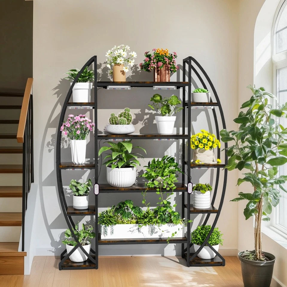 Tall Half Moon Plant Shelf with Grow Lights for Indoor Use