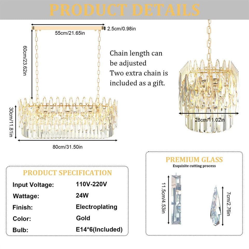 80cm Gold Crystal Chandelier with 3 Light Settings