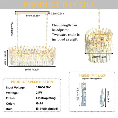 80cm Gold Crystal Chandelier with 3 Light Settings