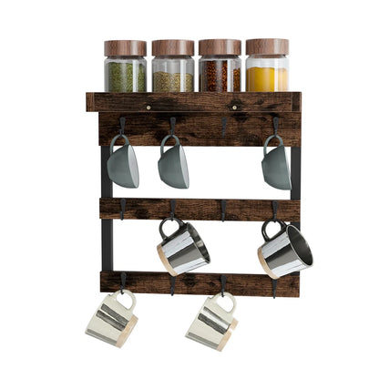 Wall Mounted Shelf Mug Cup Cupboard Kitchen Organiser Hooks Hanging Rack Holder