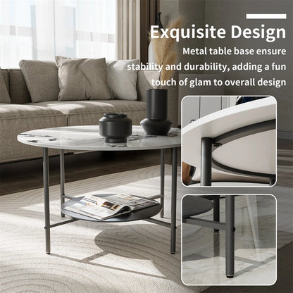 White & Black Round Coffee Table with 2?Tier Sintered Stone & Storage