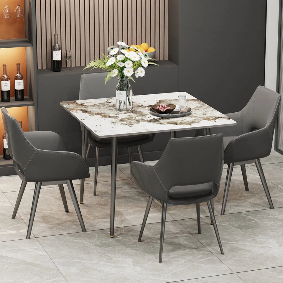 P&P Glossy White Sintered Stone Dining Table With Black Metal Base Frame