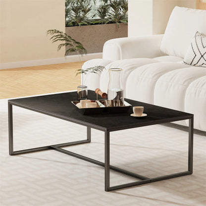 Black Sintered Stone Coffee Table with Sleek Minimalist Metal Base Design