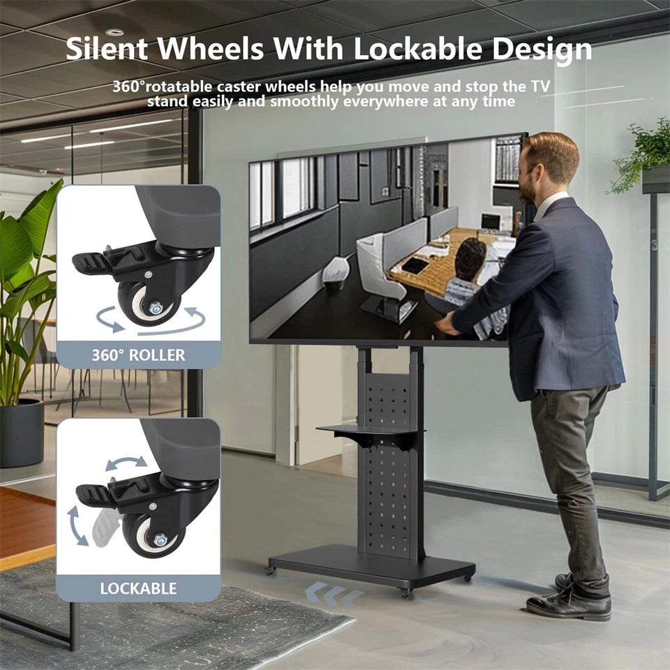 Black Rolling Floor TV Stand for 32–65 Inch Screens with Adjustable Shelf & Wheels