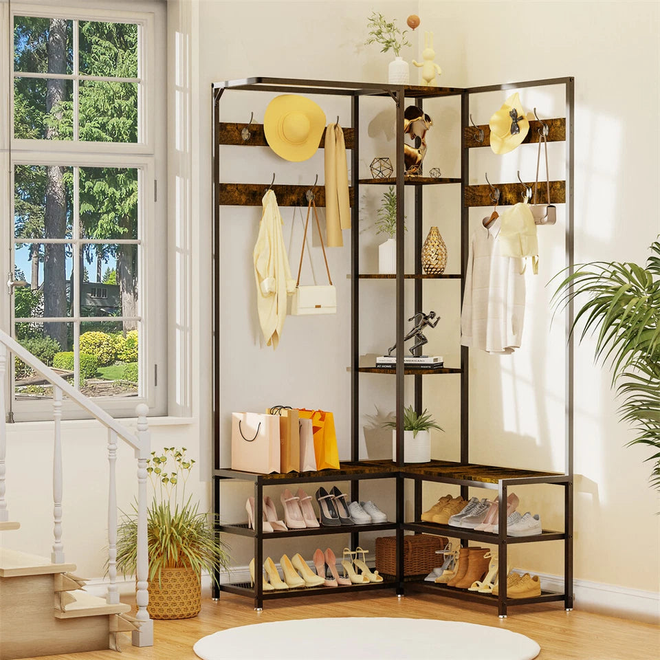 Industrial Entryway Hall Tree with Shoe and Coat Storage Rack