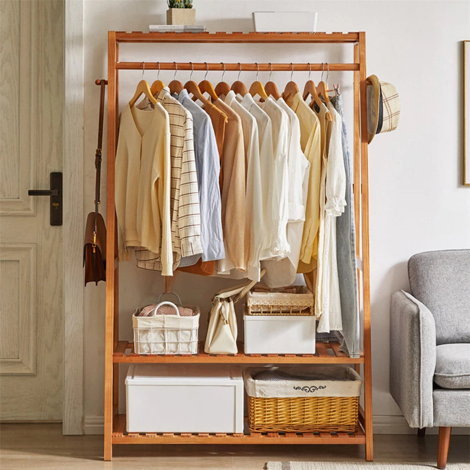 Rail Bamboo Clothes Rack Garment Hanging Stand 3 Tier Storage Shelves Closet