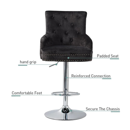 Black Velvet 360° Swivel Bar Stool With Lion Head Detail And Adjustable Height