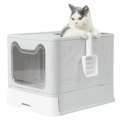 Large Foldable Cat Litter Box with Easy-Clean Slide Tray