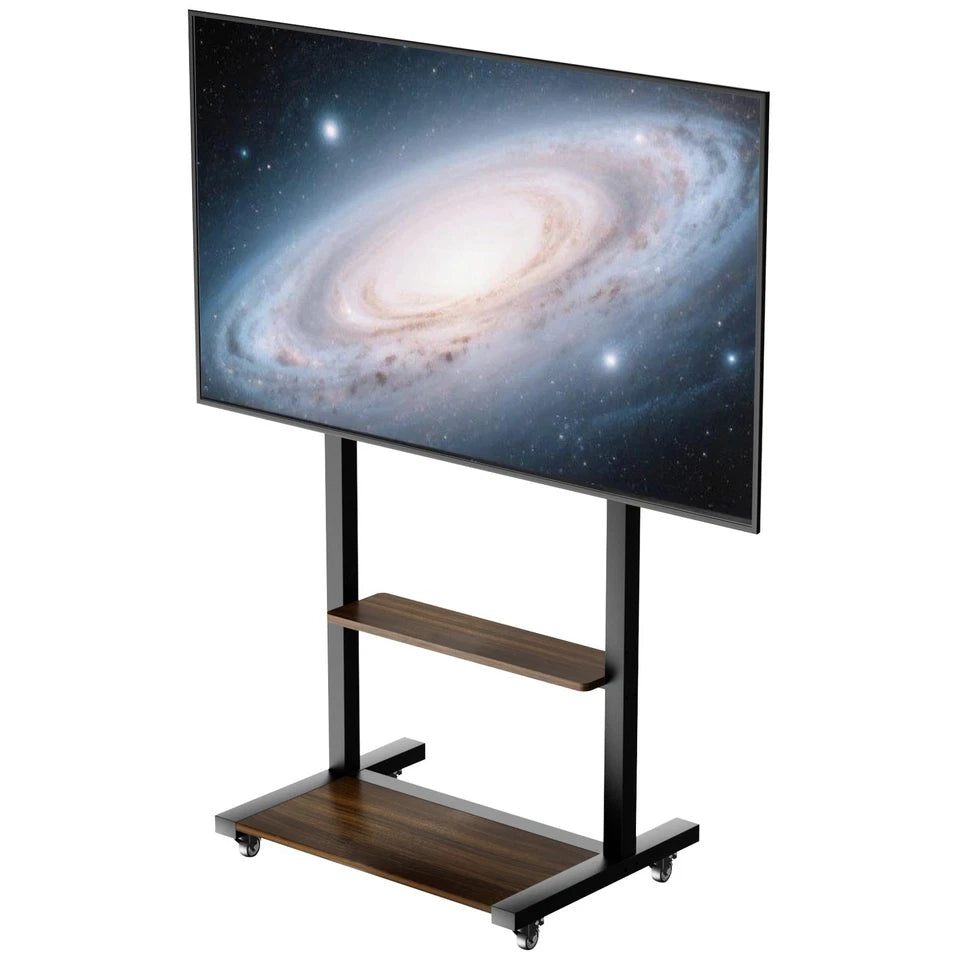 Black Industrial Heavy Duty TV Floor Stand with 2 Tier Shelves & Wheels for TVs Up to 100"