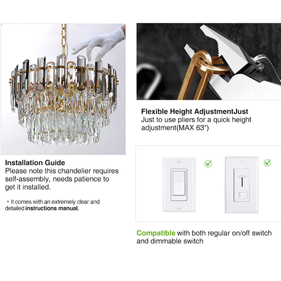 Adjustable Gold Crystal Chandelier Light Fixture