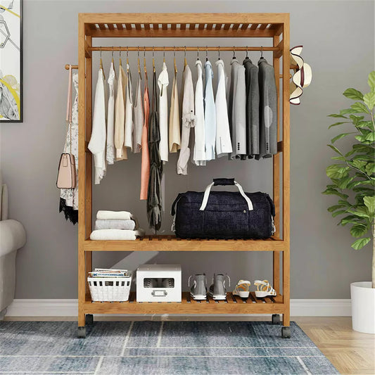 3 Tier Clothes Rack Heavy Duty Wood Garment Shelves Rolling Wheels Side Hooks AU