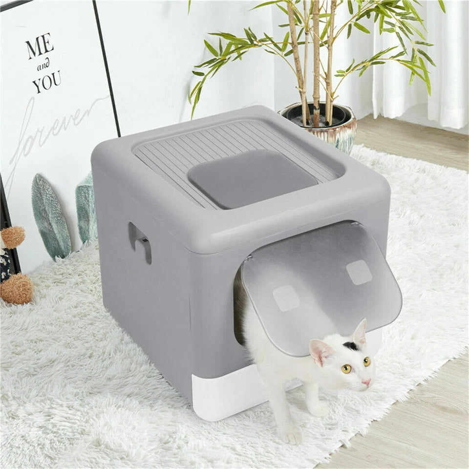 Foldable Fully Enclosed Hooded Cat Litter Box Self-Cleaning Kitty Toilet with Tray
