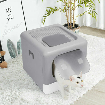 Foldable Fully Enclosed Hooded Cat Litter Box Self-Cleaning Kitty Toilet with Tray