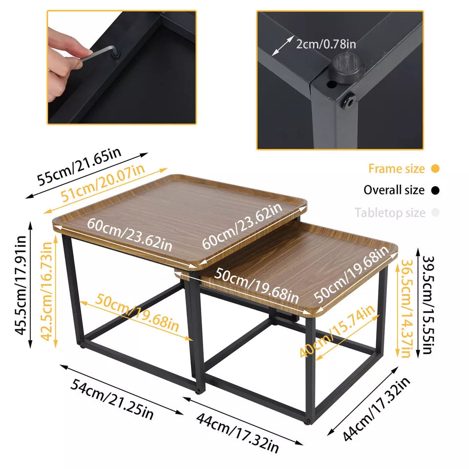 Walnut and Black Square Nesting Coffee Table Set with Industrial Charm