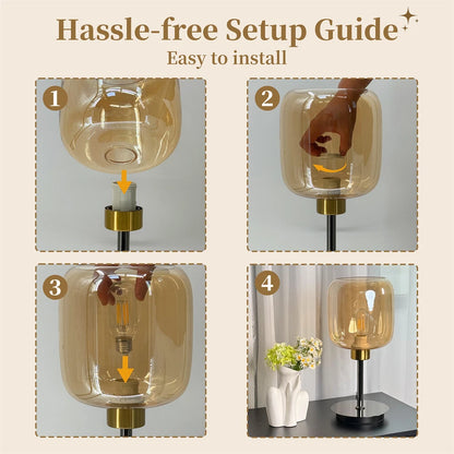 Industrial Bedside Table Lamp with Amber Glass