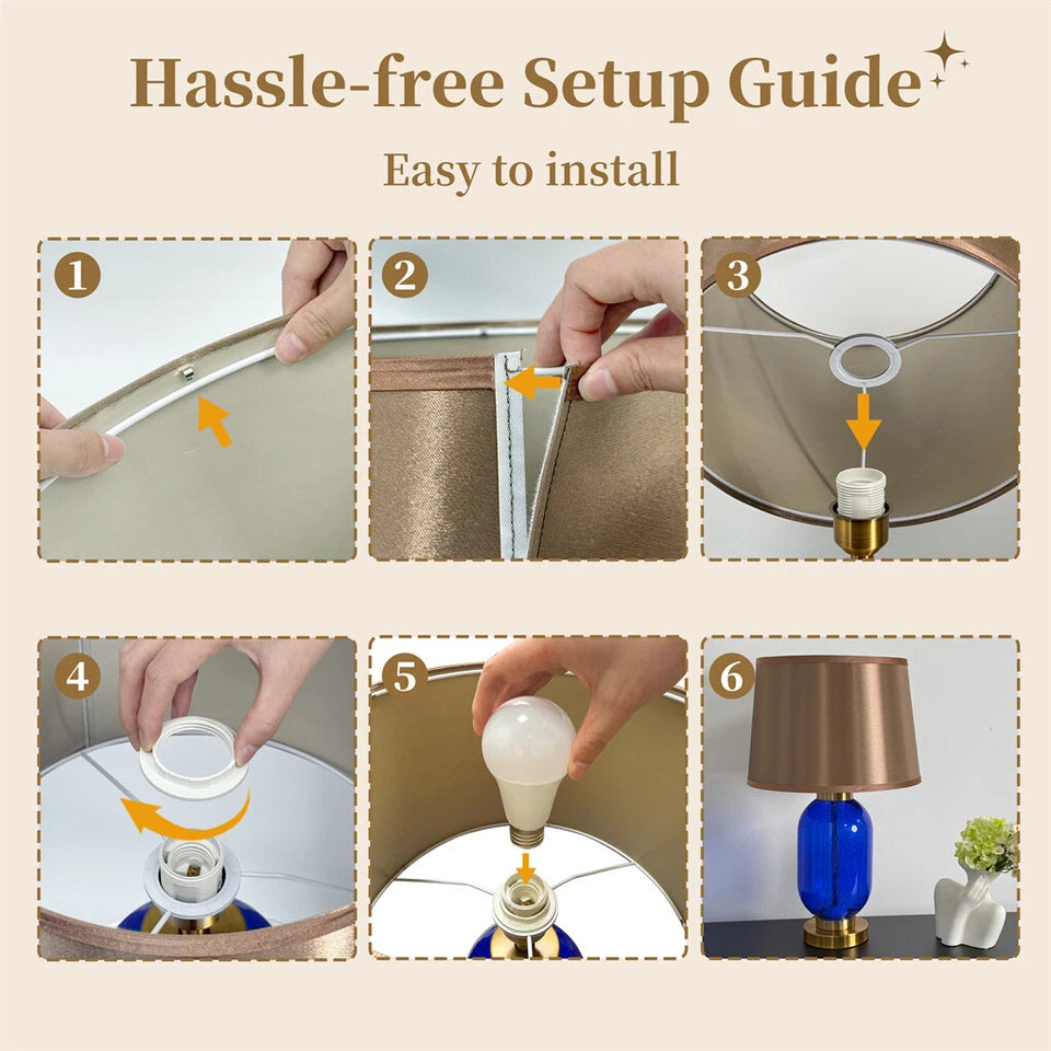 Blue Glass Table Lamp with Gold & Brown Shade