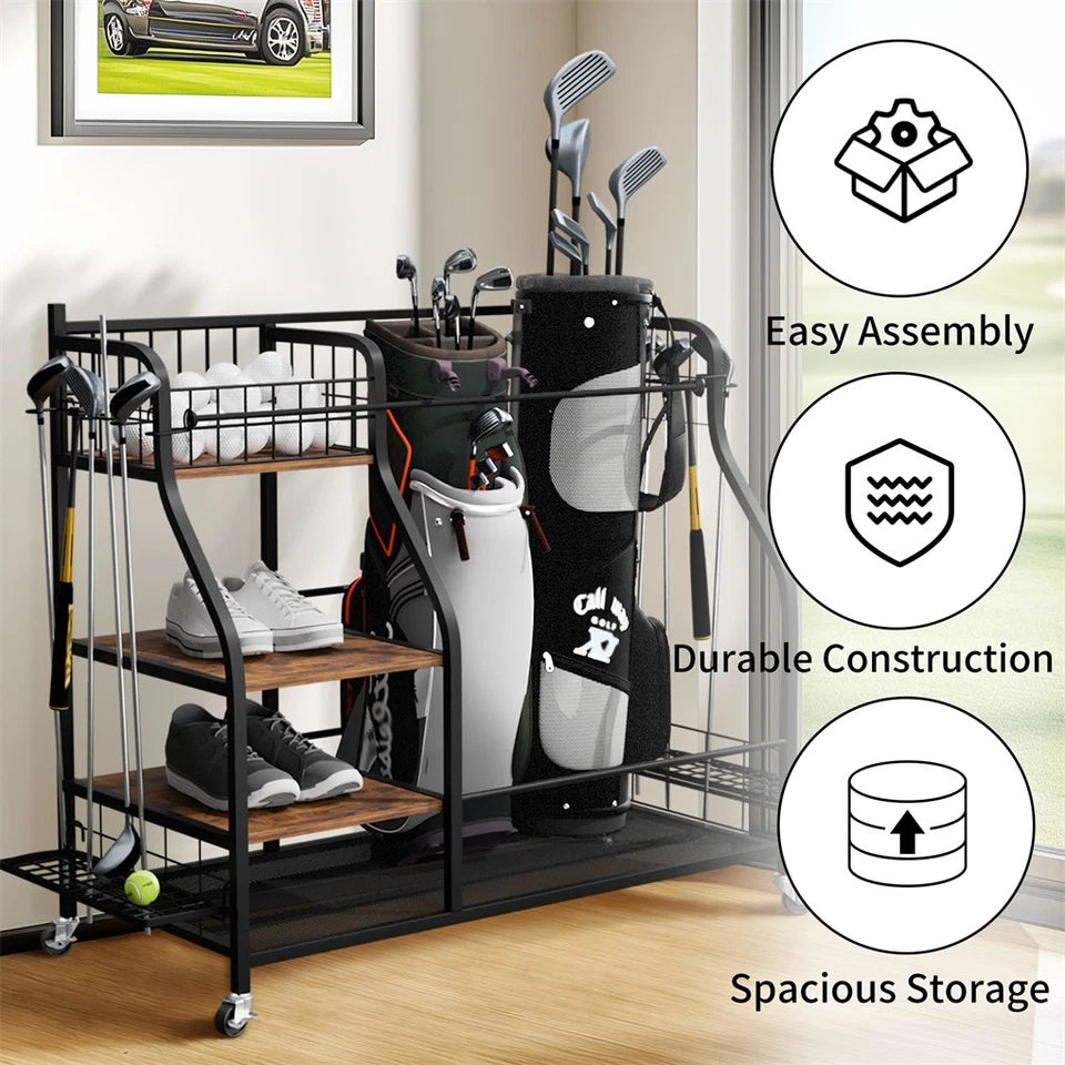 Spacious Mobile Golf Bag Rack For Easy Storage Use